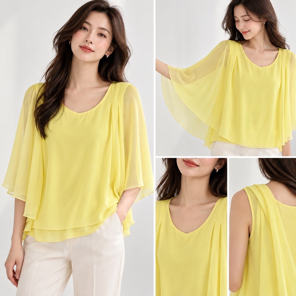 Soft Surroundings Pastel Yellow Layered Chiffon Butterfly Sleeve Blouse Fairy M